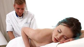 Skinny teen Rebecca rides masseur Leo’s cock peaches