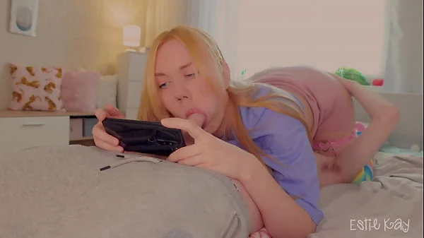 Step sister sucking cock while she playing and gets anal fuck as reward