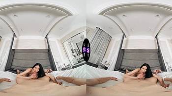 Virtual reality sex with a gorgeous brunette teen Jasmine Jayne on the bed