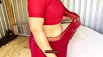 Hira's Naughty Fantasy in Red Saree and Blue Lingerie