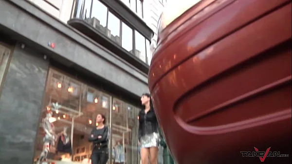 Two dark haired hottie picking up dude on the streets to fuck with