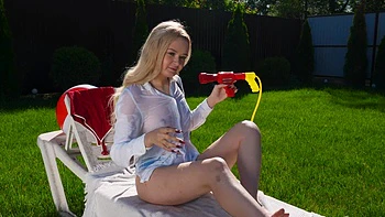 Blonde teen Lina Shisuta jerks off outside showing slim tits