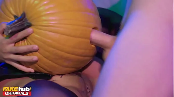 Fakehub Originals - Teen at Halloween College house party sneaky pumps a pumpkin before hot sexy Thai girl in cosplay leaves the party to offer up her tight wet pierced pussy