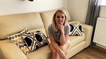 A curvy blonde with big natural tits enjoys morning masturbation