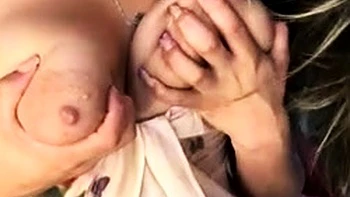 Busty curly brunette with big boobs fucks on couch